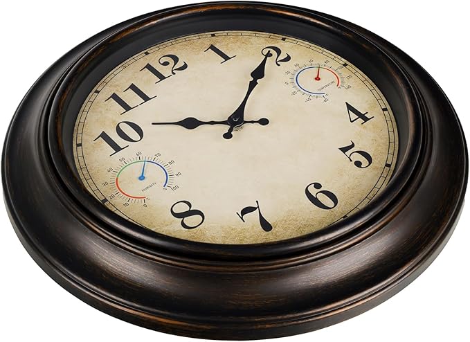 Large Outdoor Clock with Thermometer & Hygrometer – 18 Inch Bronze Vintage Farmhouse Decor Waterproof Wall Clock for Patio, Garden, Pool, Backyard