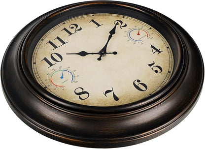 Large Outdoor Clock with Thermometer & Hygrometer – 18 Inch Bronze Vintage Farmhouse Decor Waterproof Wall Clock for Patio, Garden, Pool, Backyard