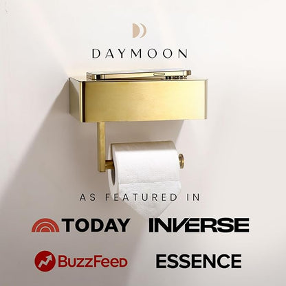 Day Moon™ Brushed Gold Toilet Paper Holder with Shelf, Wipe Holder for Bathroom Flushable Wipes Dispenser, Toilet Paper and Wipes Holder, Toilet Paper Holder with Storage