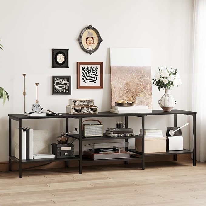 HOOBRO TV Stand with Power Outlets to 75 Inches, TV Console Table with Open Storage Shelves Cabinet, Industrial Media Entertainment Center for Living Room Bedroom, Black BB80DS01