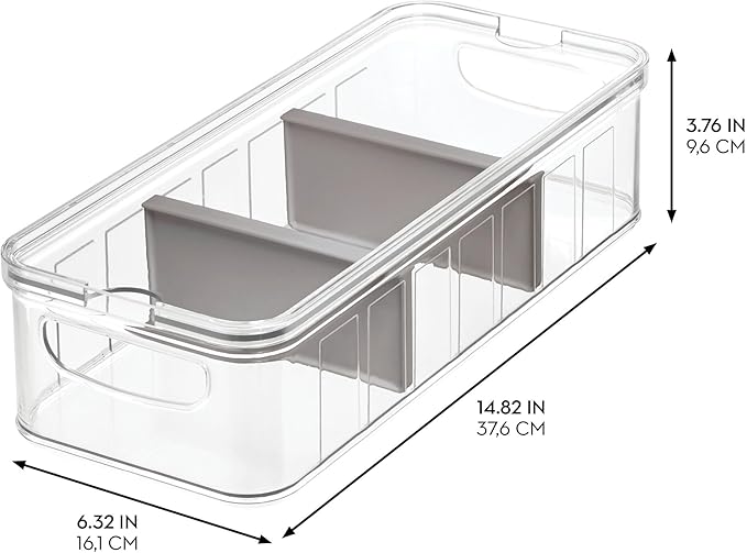 iDesign Large Fridge Organizer Bin with Removable Divider and Lid - Set of 6 - Clear/Gray