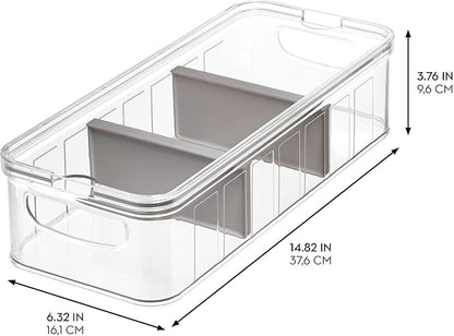 iDesign Large Fridge Organizer Bin with Removable Divider and Lid - Set of 3 - Clear/Gray