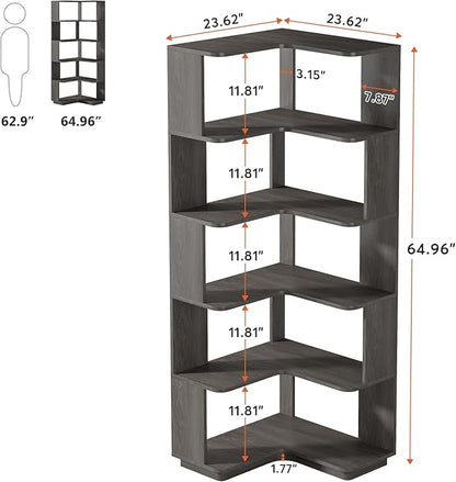 Tribesigns 6-Tier Corner Bookshelf, 64.9 Inches Tall Corner Bookcase with Anti-Drop Panel, Modern Freestanding Shelf Display Rack Storage Organizer for Home Office, Living Room, Grey