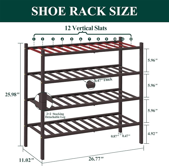 Smiry Bamboo Shoe Rack, 4 Tier Free Standing Wooden Shoe Organizer, Stackable Wood Shoe Storage Shelf for Closet, Entryway, 12 Vertical Slats, 2+2 Stack Standard Legs, 26.8"x11"x26", Brown