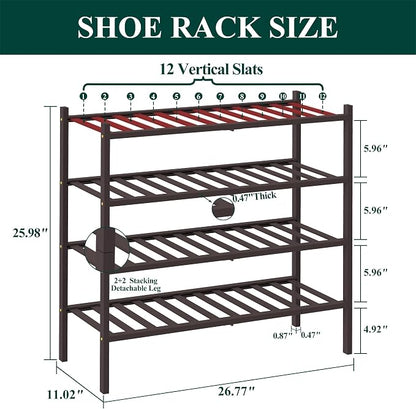 Smiry Bamboo Shoe Rack, 4 Tier Free Standing Wooden Shoe Organizer, Stackable Wood Shoe Storage Shelf for Closet, Entryway, 12 Vertical Slats, 2+2 Stack Standard Legs, 26.8"x11"x26", Brown