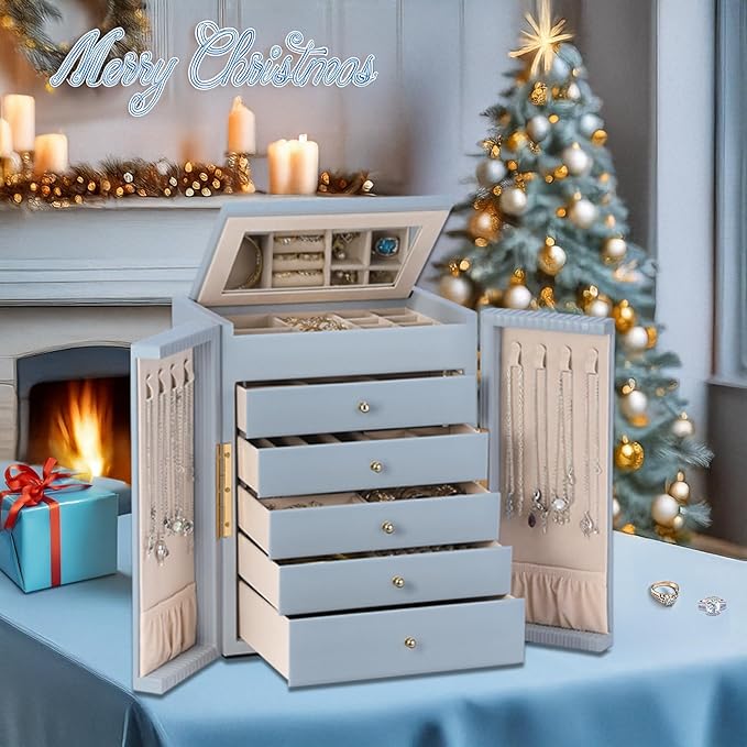 Dajasan Large Jewelry Organizer Box with Mirror, Jewelry Storage Organizer with 5 Drawers, 6-Tier Jewelry Gift Box for Women, Girls, Friends, Wife or Mother, Gift Idea (Smoky Blue)