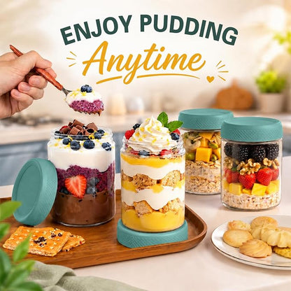 Overnight Oats Containers with Lids, Glass Storage Containers with Lids, Wide Mouth Mason Jars 16oz, Sugar Bowls, Airtight Glass jars for Chia Pudding, Yogurt, Salad Storage (6 Pack, Green)