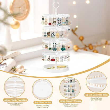 MODOWEY 4 Tier Rotating Earring Holder Organizer Display Tree with Metal Tray, Adjustable Plastic Stand with 228 Slots for Stud Hoop Hanger, Large Capacity Storage Rack for Women Space Saving, White