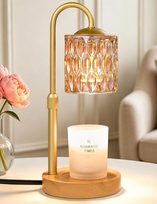 Briever Dimmable Candle Warmer Lamp with Timer, Height Adjustable Electric Candle Wax Warmer, Birthday Gifts for Women Mom, House Warming Gifts New Home Decor, Solid Wood Base, Natural Wood Champagne