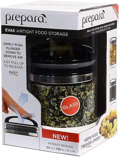Prepara Evak Compact Airtight Glass Storage Canister, Medium (6” x 3.75", 24oz) – Borosilicate Glass Container Vacuum Seal Lid & Black Handle, Odor & BPA-Free, Ideal for Coffee, Tea, Pantry Dry Goods