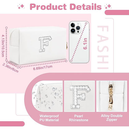 Bride Gifts – Personalized Initial Makeup Bag with Pearl Rhinestone Patch, Preppy White Monogram Cosmetic/Toiletry Pouch, bridesmaid Gifts, Bridal Shower Gifts, Wedding Gifts, Bridal Gifts,F