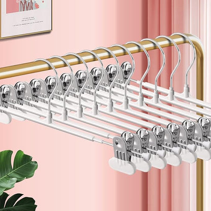 14Inch Clothes Pants Hangers with WideClips 10 Pack,Non-Slip Adjustable Skirt Hanger for Women,Space-Saving Heavy Duty Men Hangers for Pants,Trousers,Jeans,Shorts,White