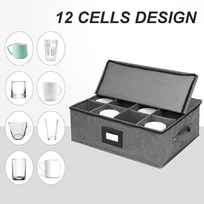 Mayniu Cup and Mug Storage Box 2Pack, China Storage Containers for 12 Tea Cups or Coffee Mugs with Zipper Lid and Rivet Reinforced Handles, Hard Shell and Stackable (Black)