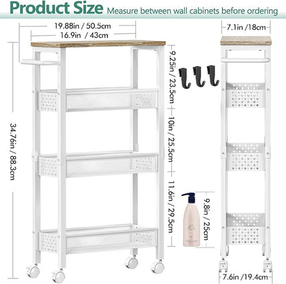 Vivihomety Utility Slim Storage Cart, 4 Tier Small Rolling Kitchen Laundry Room Cart with Wood Top, Metal Bathroom Storage Cabinet Mobile Shelf Unit Organizer Trolley with Handle for Narrow Space