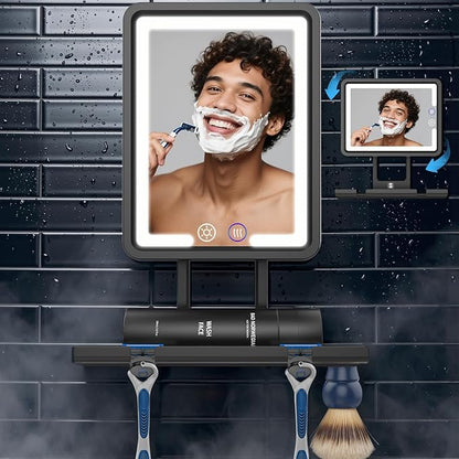 Shinowa Heated Shower Mirror Fogless for Shaving, 360° Adjustable Lighted Shower Mirror with 3 Color Modes, Rechargeable Anti Fog Shower Shaving Mirror with Large Storage Tray & Razor Holder, Black