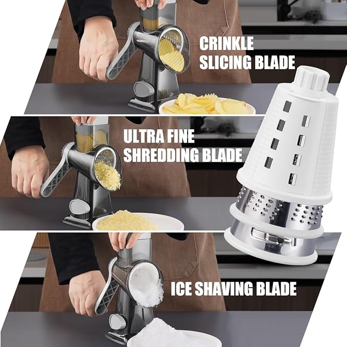 KEOUKE Rotary Cheese Grater Pro 6 in 1 - Shredder Crinkle Slicer Grinder Ice Shaver, Stable Suction, Time-saving Easy Use & Clean, Safe Morden Kitchen Tool for Cheese, Vegetable, Nuts, Chocolate