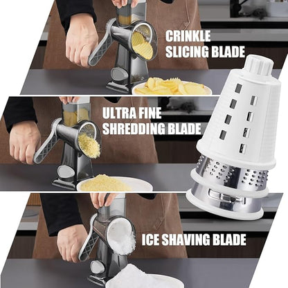KEOUKE Rotary Cheese Grater Pro 6 in 1 - Shredder Crinkle Slicer Grinder Ice Shaver, Stable Suction, Time-saving Easy Use & Clean, Safe Morden Kitchen Tool for Cheese, Vegetable, Nuts, Chocolate