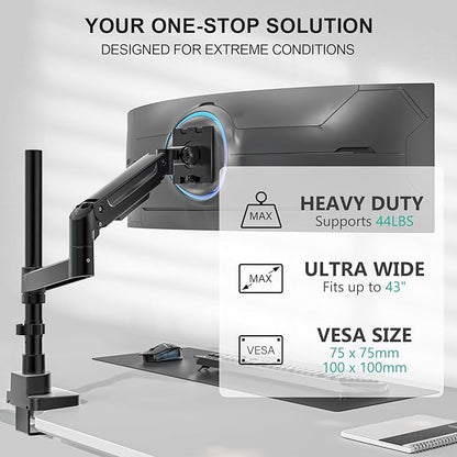 WALI Heavy Duty Monitor Arm Desk Mount for 13-43 Inch Ultrawide Screens, Single Monitor Arm with Full Motion Tilt, Swivel, Rotation, Holds up to 44 lbs, C-Clamp Mount for VESA 75/100mm (GSDM001-P)