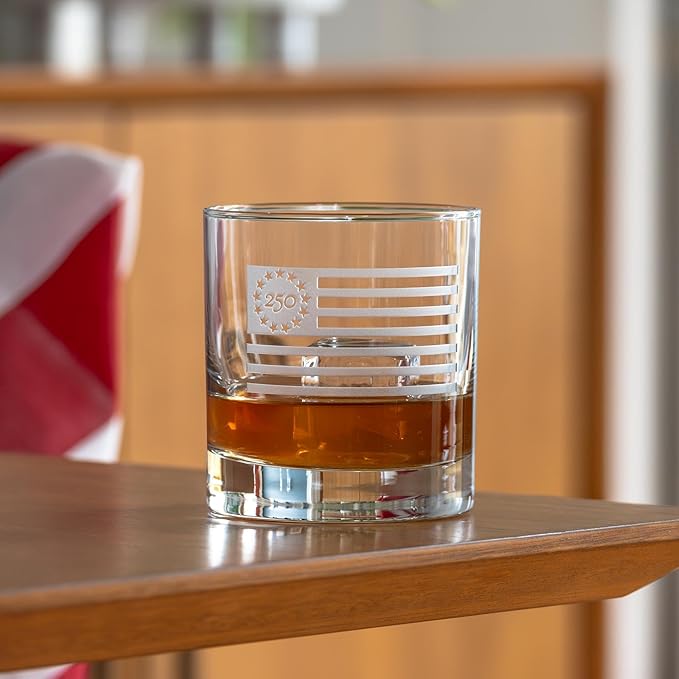 Rolf Glass America250™ Betsy Ross Flag On the Rocks Glass | 10oz Whiskey Glass | Made in America | Deep Engraved 13-Star Flag | Officially Licensed America250™ Product | Set of 2