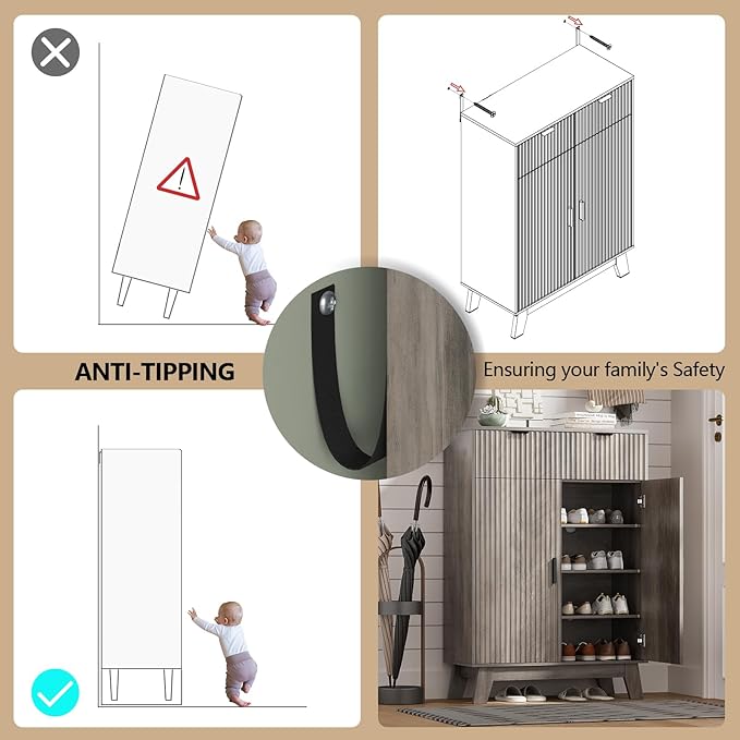 Shoe Cabinet Storage for Entryway, 4 Tier Fluted Shoe Storage Cabinet with 2 Drawers, Narrow Hidden Shoe Organizer with Adjustable Shelves, Freestanding Shoe Rack for Entryway, Hallway, Grey