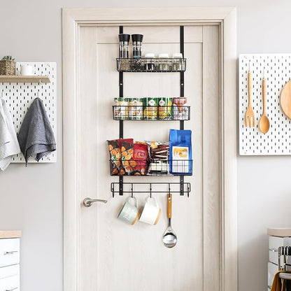 Over the Door Pantry Organizer 3 Tier Hanging Basket Back Door Storage Rack Shelf Metal Over the Door Shelves with 3 Baskets and 5 Hooks for Bathroom Kitchen Pantry Bedroom, Black