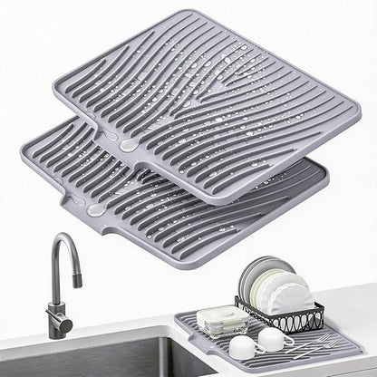 TIKNIK Silicone Dish Drying Mat for Kitchen Counter - Heat Resistant & Non-Slip Dish Drain Pad with Built-In Drain, Dishwasher Safe, Quick-Dry, Hangable & Roll-Up for Storage, Grey-2pcs, 20" x 15"