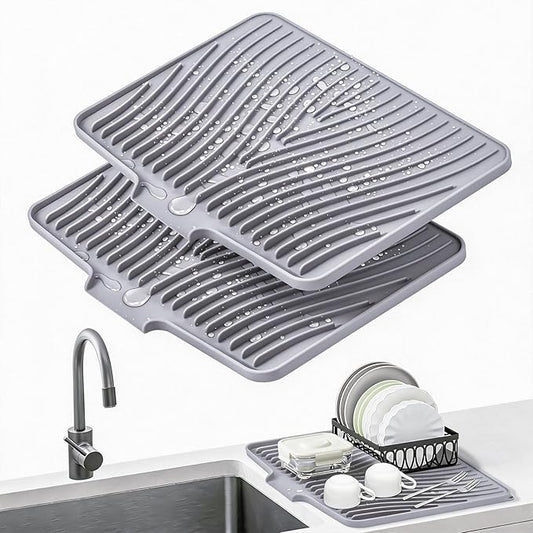 TIKNIK Silicone Dish Drying Mat for Kitchen Counter - Heat Resistant & Non-Slip Dish Drain Pad with Built-In Drain, Dishwasher Safe, Quick-Dry, Hangable & Roll-Up for Storage, Grey-2pcs, 20" x 15"