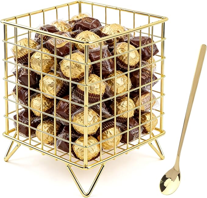 Countertop Organizer Coffee Pod Holder with Ice Tea Spoon, Modern Metal Storage Basket Tabletop Decorative Kitchen Office Bar Accessories for Hold K-cups Coffee Capsules Tea Bags(COLOR:Gold)