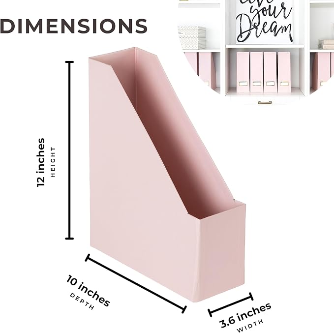 BLU MONACO | Cardboard Magazine File Holder Set of 6 Pink | Vertical Magazine File Holder with Gold Label Slots | Standing File Holder and Cardboard Bins for Shelves Desk Storage