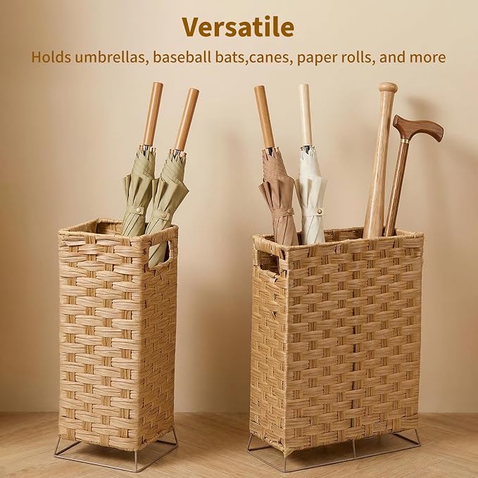 Rattan Umbrella Stand with Built-in Water Reservoir & Hooks, Hand Woven Umbrella Rack Organizer Freestanding - Stable, High-Capacity Organizer for Home and Office - 11.8" L x 5.5" W x 16.5" H