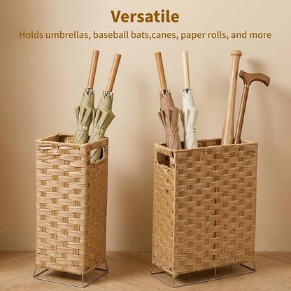 Rattan Umbrella Stand with Built-in Water Reservoir & Hooks, Hand Woven Umbrella Rack Organizer Freestanding - Stable, High-Capacity Organizer for Home and Office - 11.8" L x 5.5" W x 16.5" H