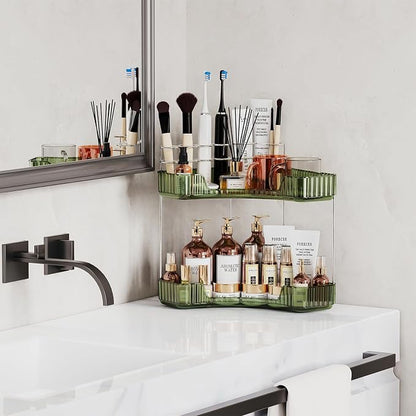 Asayuee 2-Tier Corner Bathroom Counter Organizer with Top Toothbrush Holders,Large Makeup Organizer Countertop with Brush Holder,Skincare Organizers Corner,Exquisite Vanity Organizer(Green, 2 Tier)