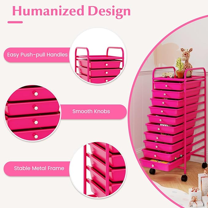RELAX4LIFE 10 Drawer Rolling Cart - Slim Storage Cart w/Lockable Wheels for Classroom School Teacher Office, Art Supplies Paper Scrapbook Craft Organizers, Utility Cart with Drawers (Pink)