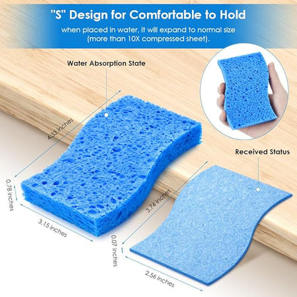 8PCS Blue Dish Washing Kitchen Sponge, Compressed Pack, Save Space | Non Scratch Scrub Sponge, Compressed to Save Space, Sponges for Cleaning Kitchen and Bathroom, Cleans Quickly and Well