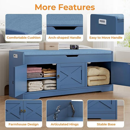 Farmhouse Shoe Storage Bench, Entryway Bench with Cushion Seat, Lift Top Storage, Adjustable Shelf, 3 Doors, 330 lbs Capacity, Storage Bench for Entryway, Bedroom, Living Room (Blue)