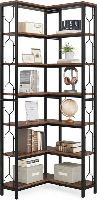 Tribesigns Corner Shelf, 7-Tier Industrial Corner Bookshelf, Wood and Metal Etagere Bookcase, Freestanding Display Shelf for Living Room, Kitchen, Home Office, Rustic Brown | Corner Bookshelf, Etagere Bookcase, Display Shelf, Living Room, Kitchen, Home...