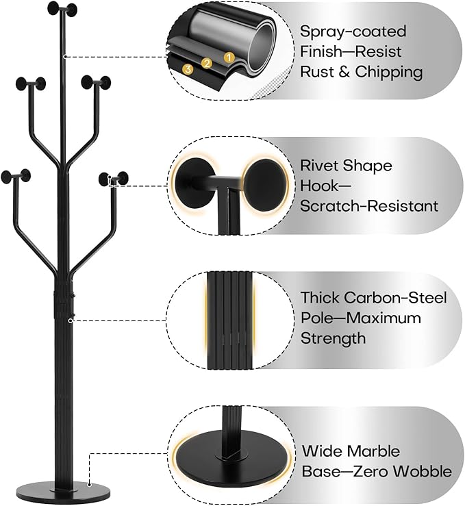 Coat Rack Freestanding with 10 Hooks, Metal Coat Rack Stand, Heavy Duty Standing Coat Tree with Sturdy Round Base for Clothes, Hat, Jacket/Entryway, Hallway, Bedroom, Black