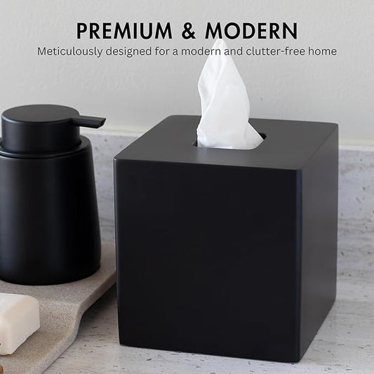 Yew Design Matte Black Square Tissue Box Cover, Decorative Tissue Box Dispenser for Bathroom, Parlors, Office, Bedroom Dresser, Vanity Countertop, Nightstand, Car, and Desk