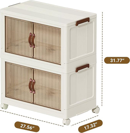 Folding Storage Bins Organizer, Foldable Stackable Plastic Storage Bins with Lids & Doors, Collapsible Drawer Boxes Containers with Wheels for Clothes, Home, Room, White, 2 Tiers