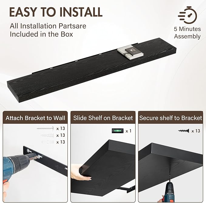 Acovy 72 Inch Floating Shelves, 12" Deep Floating Shelf Wall Mounted, 72" Wall Shelves, Rustic Deep Bookshelf, Extra Deeper & Thicker Display Shelves for Bedroom, Living Room, Black, Set of 1