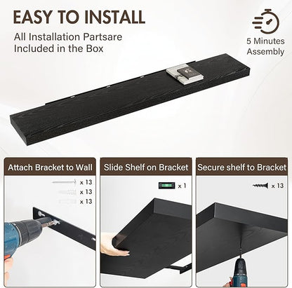 Acovy 72 Inch Floating Shelves, 12" Deep Floating Shelf Wall Mounted, 72" Wall Shelves, Rustic Deep Bookshelf, Extra Deeper & Thicker Display Shelves for Bedroom, Living Room, Black, Set of 1