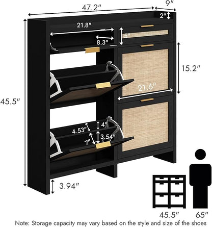 Large Rattan Shoe Storage Cabinet with 4 Flip Drawers & 2 Storage Drawers – Hidden Slim Shoe Organizer for Entryway, Large Tabletop Space, Farmhouse Boho Narrow Shoe Rack, Rustic Black