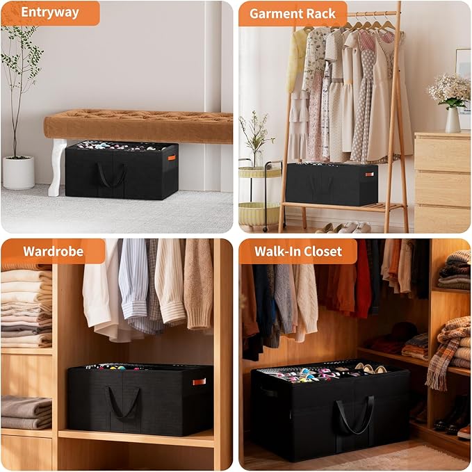 Aokeyee Shoe Organizer for Closet, 2 Pack Large Shoe Storage Box Fits up to 24-48 Pairs, Space Saving Foldable Shoes Organizer Bin w/Clear Cover and 4 Reinforced Handles, Black
