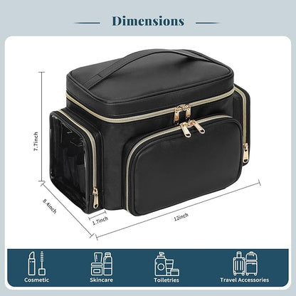 Bagmoly Large Makeup Bag, Portable Travel Makeup Bag Organizer for Women Girls with Makeup Brush Compartment & Two Side Pockets, Cosmetic Travel Bag Vertical Storage Toiletry Bag - Black