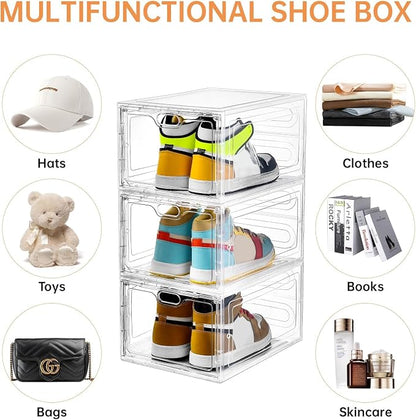 INSTY 6 Pack Large Shoe Storage Box, Clear Shoe Storage Organizer with Magnetic Door, Stackable,Shoe Containers For Display Sneakers, Easy Assembly, Fit up to US Size 12, Clear
