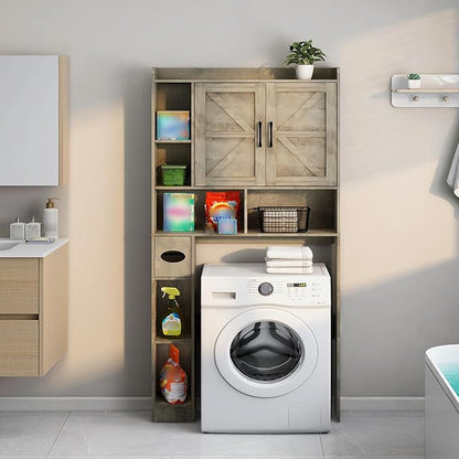 Over The Toilet Storage Cabinet, Farmhouse Storage Cabinet Over Toilet with 2 Barn Door & Toilet Paper Holder Stand, Home Space-Saving Rack, for Bathroom, Restroom (Grey).