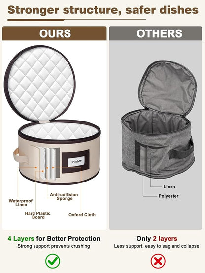 punemi China Storage Containers, 4 Pack Hard Shell Plate Dish Storage Cases with Padded Dividers & Quilted Lining, Stackable Dinnerware Storage Protectors for Moving Boxes & Holiday Storage, Beige