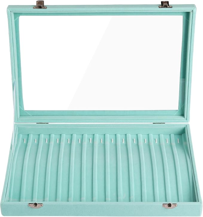 Frebeauty 15 Hooks Necklace Tray Velvet Neckalce Organizer with Clear Lid Lockable Necklace Holder Box Jewelry Organizer for Pendants Chains Necklace Jeweley Tray for Women Girls(Turquoise)