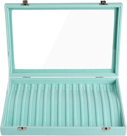 Frebeauty 15 Hooks Necklace Tray Velvet Neckalce Organizer with Clear Lid Lockable Necklace Holder Box Jewelry Organizer for Pendants Chains Necklace Jeweley Tray for Women Girls(Turquoise)