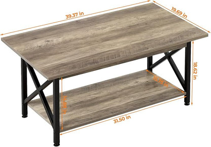 GreenForest Coffee Table with Storage, 39inch Modern 2-Tier Coffee Tables for Living Room, X-Frame Design Farmhouse Coffee Table Space Saving Living Room Small Tables, Easy Assembly, Grey Wash